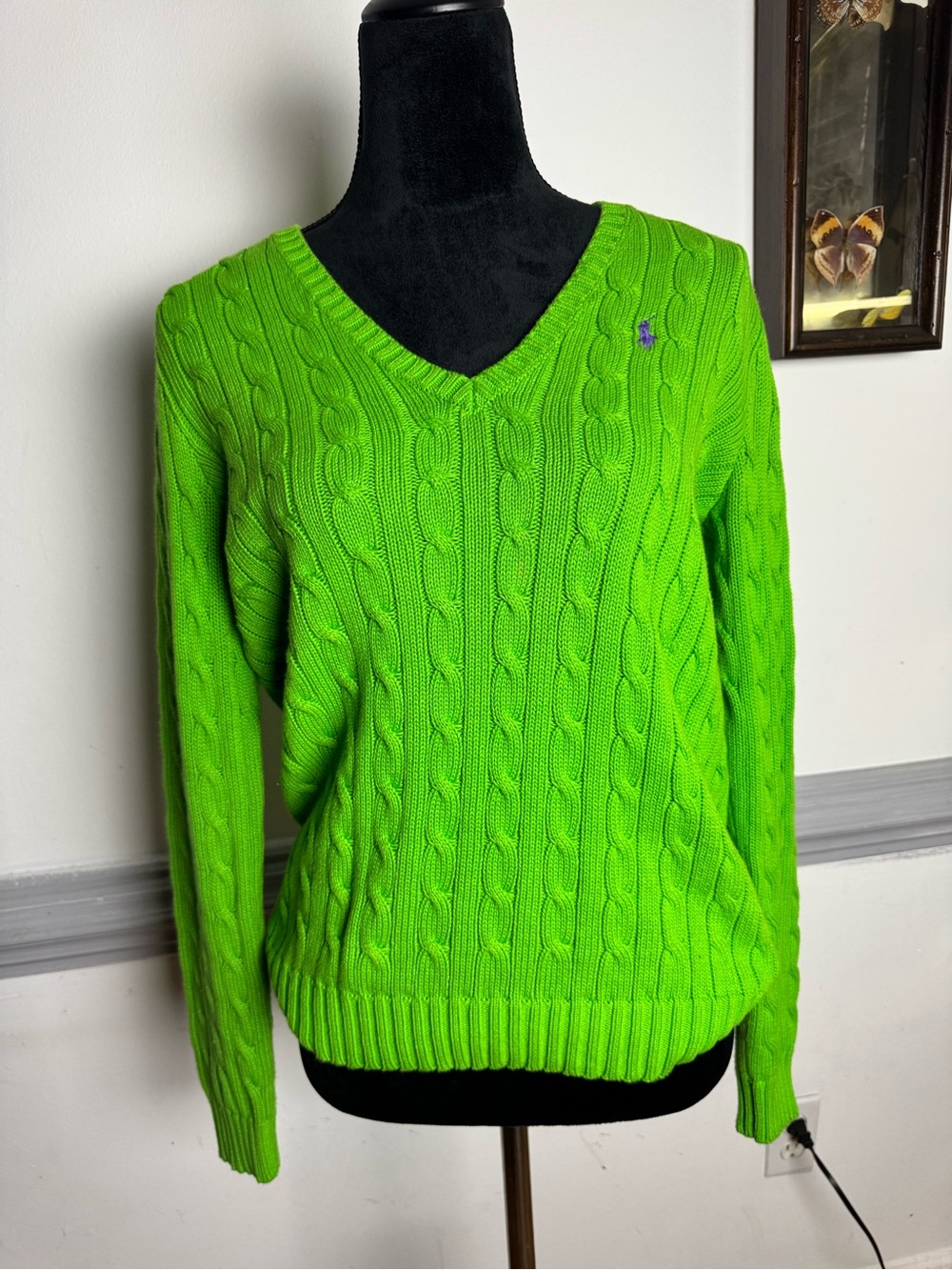 Ralph Lauren Sport V-Neck Cable Knit Sweater in Neon Green